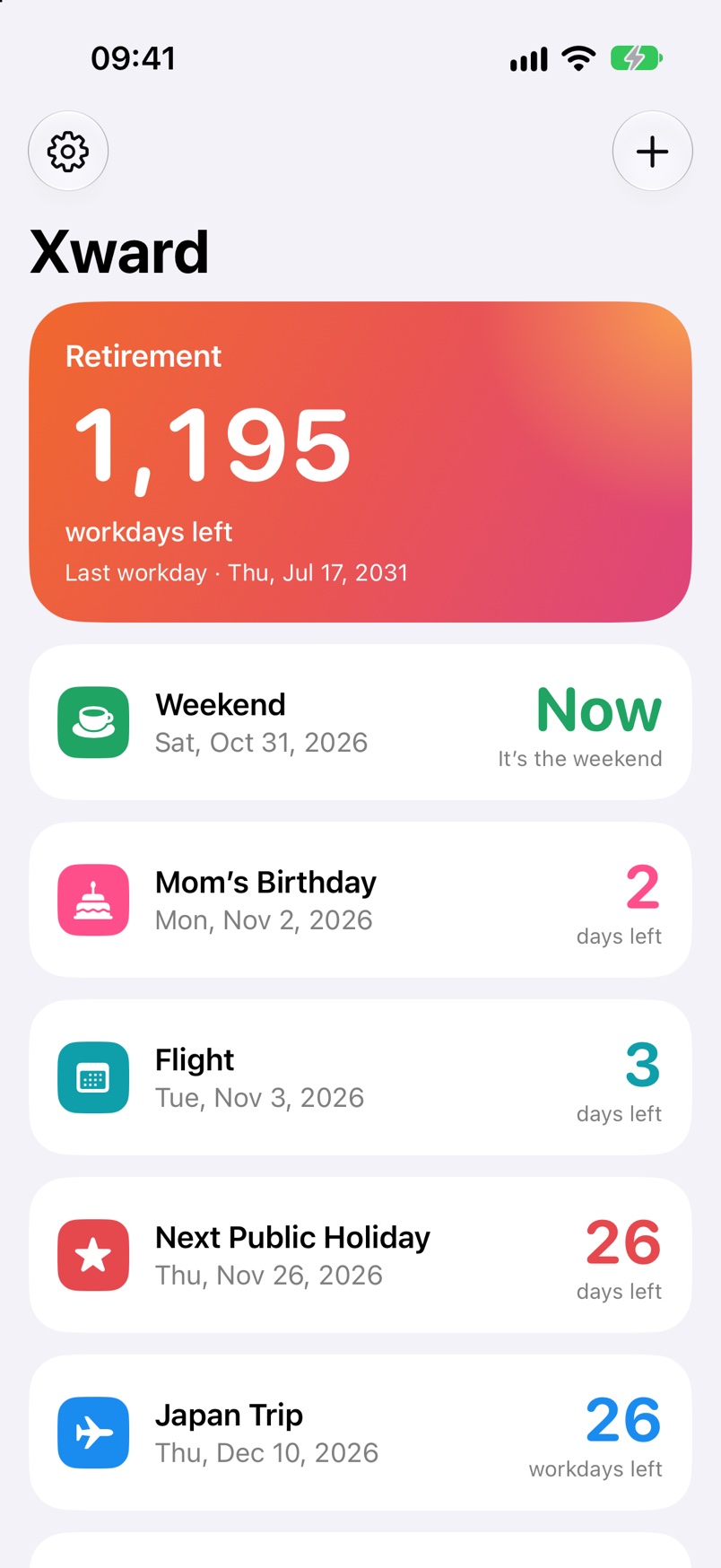 The Xward home screen: a large orange card reads 1,195 workdays left until retirement, above cards for the weekend, a birthday, a flight, and a trip.