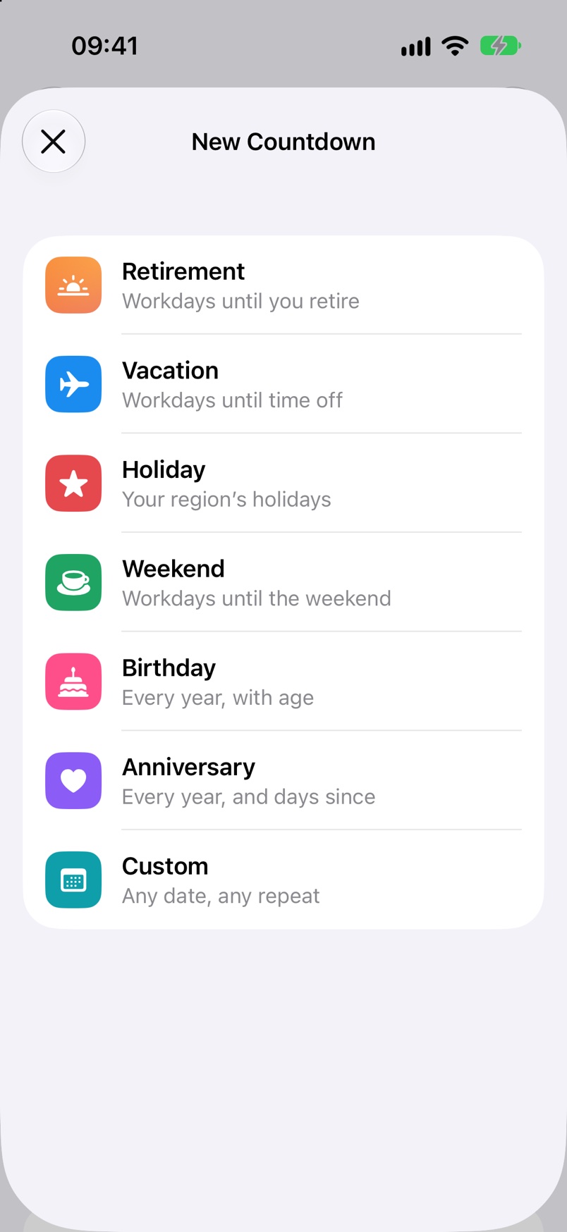 The New Countdown screen listing seven templates: retirement, vacation, holiday, weekend, birthday, anniversary, and custom.